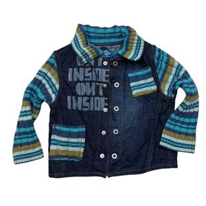 Vintage Oilily‎ Denim Knit Jacket Girls 3-4 Blue Stripped Print Button Front
